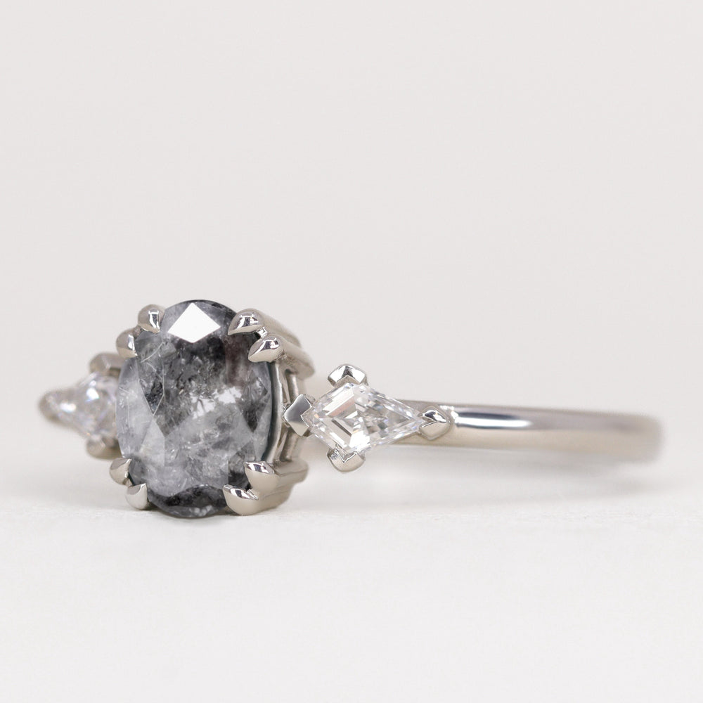 Dahlia - Oval Cut Salt and Pepper Diamond Trilogy Engagement Ring Engagement Rings - Price On Application