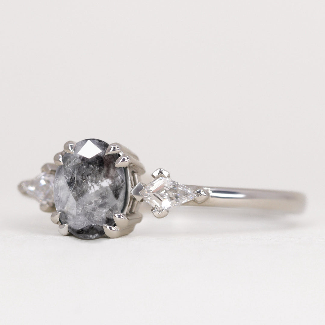 Dahlia - Oval Cut Salt and Pepper Diamond Trilogy Engagement Ring Engagement Rings - Price On Application