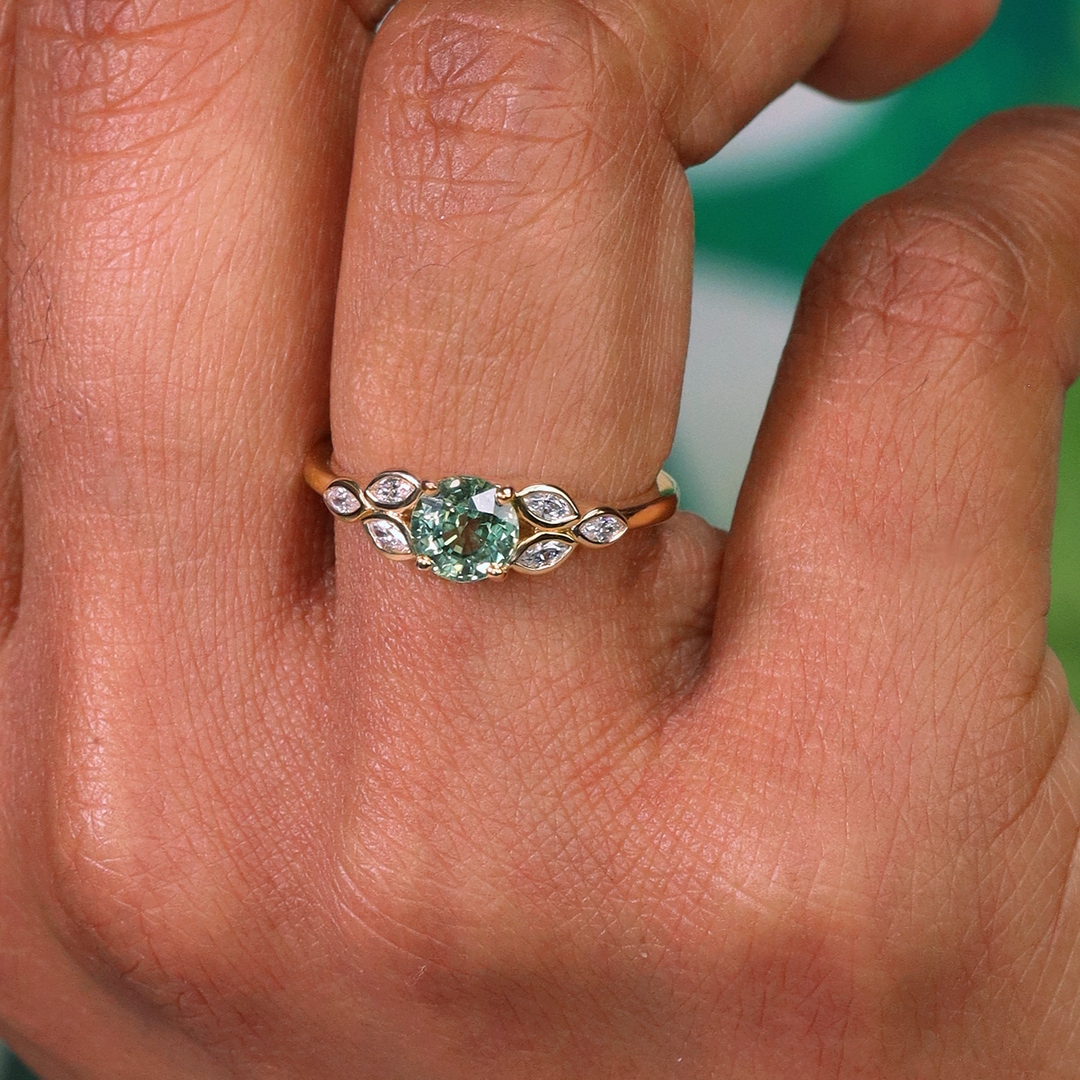 Juliet - Round Green Sapphire Leaf Detail Engagement Ring Engagement Rings - Price On Application