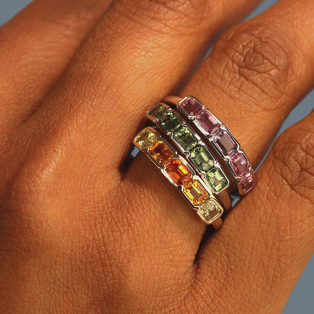 Sage - Emerald Cut Green Sapphire 5 Stone Ring Wedding Rings - Made-to-Order