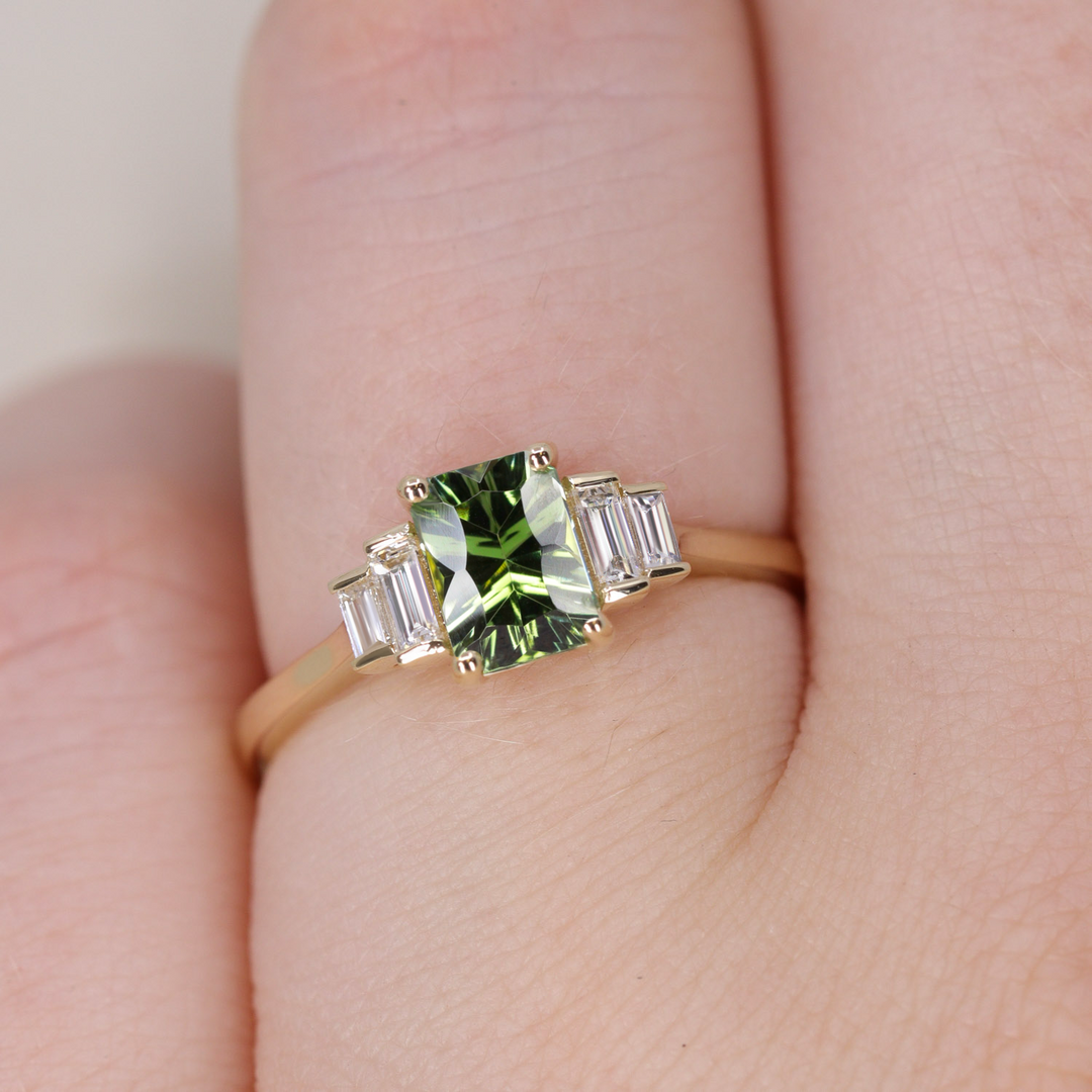 Bridal Set - Erin & Goldie - Optix Cut Green Tourmaline Art Deco Engagement Ring and Shaped Patterned Wedding Ring Bridal Sets