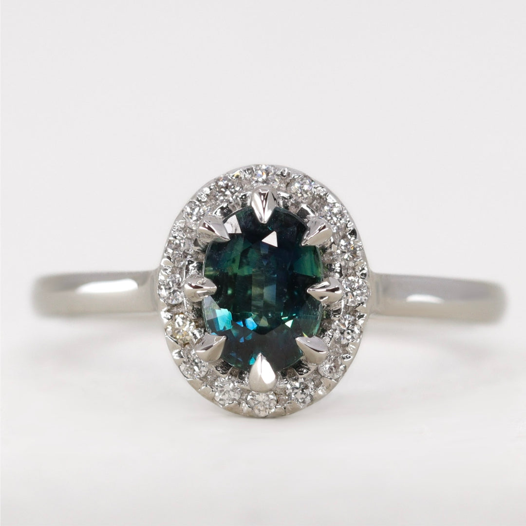 Charlotte - Teal Sapphire Halo Ring - Ready-to-Wear Engagement Rings - Ready-to-Ship