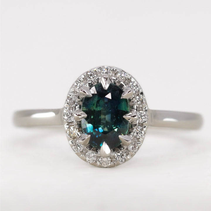 Charlotte - Teal Sapphire Halo Ring - Ready-to-Wear Engagement Rings - Ready-to-Ship