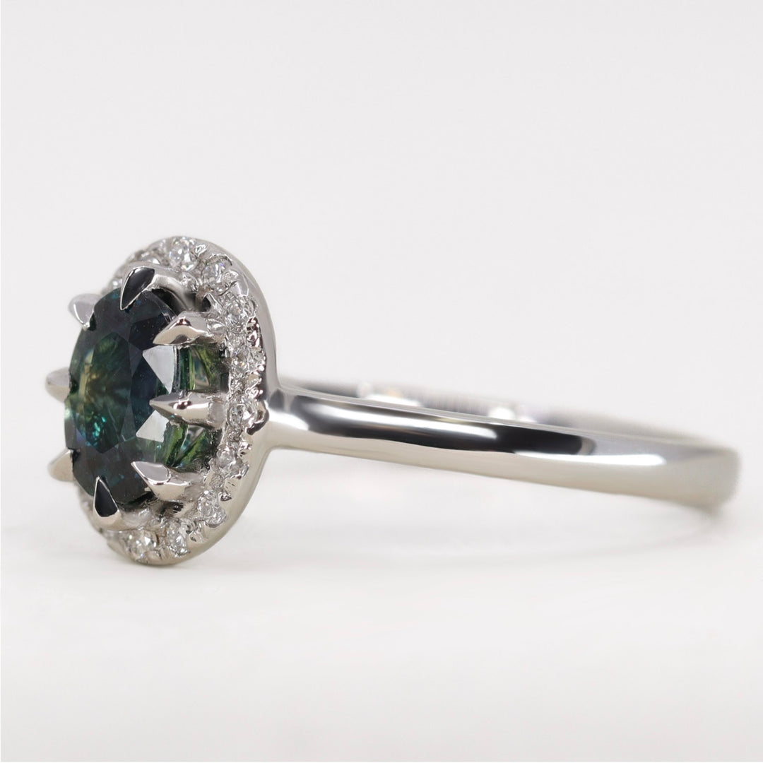 Charlotte - Teal Sapphire Halo Ring - Ready-to-Wear Engagement Rings - Ready-to-Ship