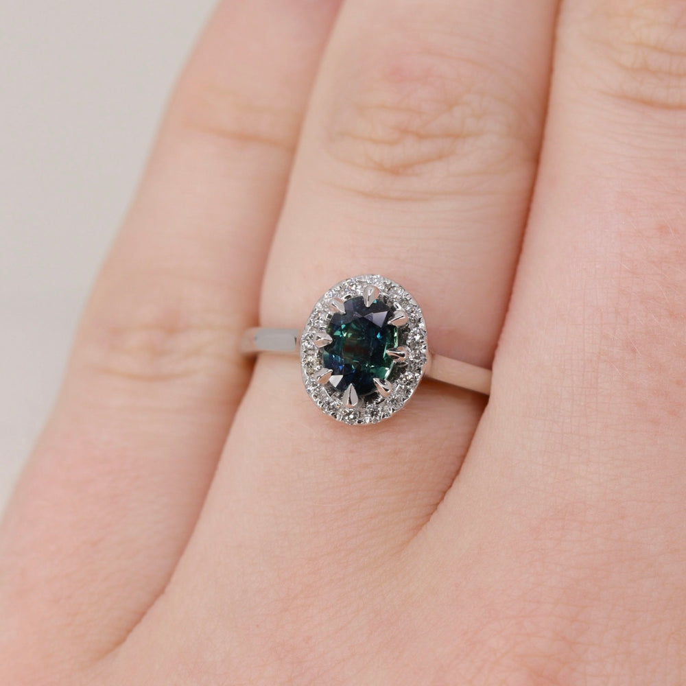 Charlotte - Teal Sapphire Halo Ring - Ready-to-Wear Engagement Rings - Ready-to-Ship