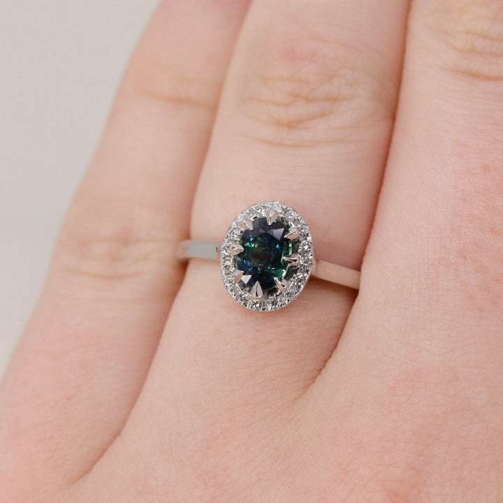 Charlotte - Teal Sapphire Halo Ring - Ready-to-Wear Engagement Rings - Ready-to-Ship