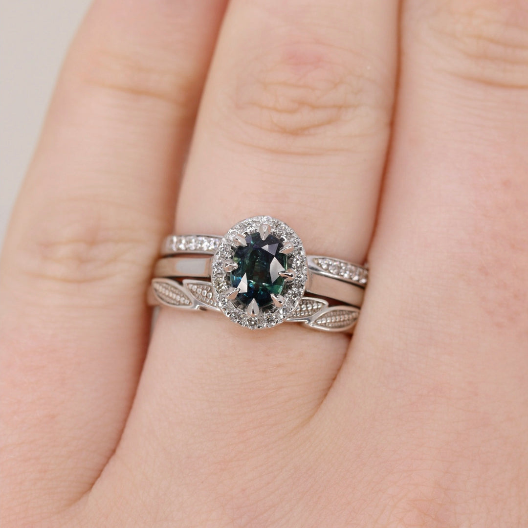 Charlotte - Teal Sapphire Halo Ring - Ready-to-Wear Engagement Rings - Ready-to-Ship