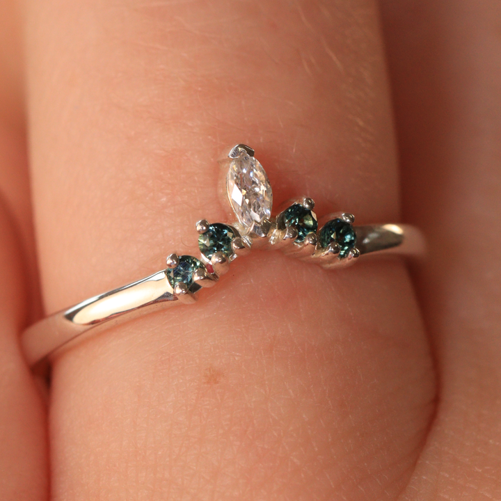 Winnie - Teal Sapphire and Marquise Lab Grown Diamond Petite Tiara Wedding Ring - Made-to-Order Wedding Rings - Made-to-Order