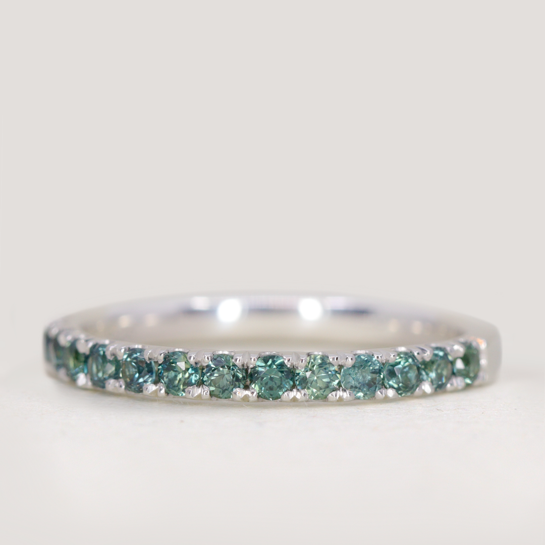 Wednesday - Round Brilliant Cut Teal Sapphire Half Eternity Wedding Ring - Made-to-Order Wedding Rings - Made-to-Order