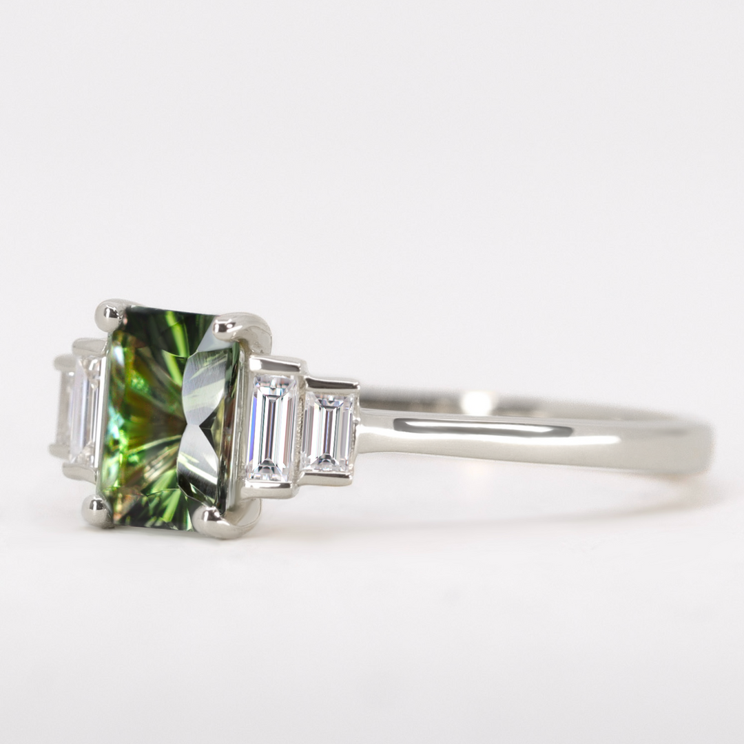 Erin - Optix Octagon Cut Green Tourmaline and Baguette Diamond Art Deco Engagement Ring Engagement Rings - Made-to-Order