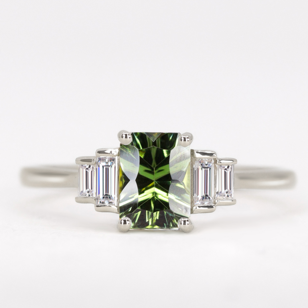 Erin - Optix Octagon Cut Green Tourmaline and Baguette Diamond Art Deco Engagement Ring Engagement Rings - Made-to-Order