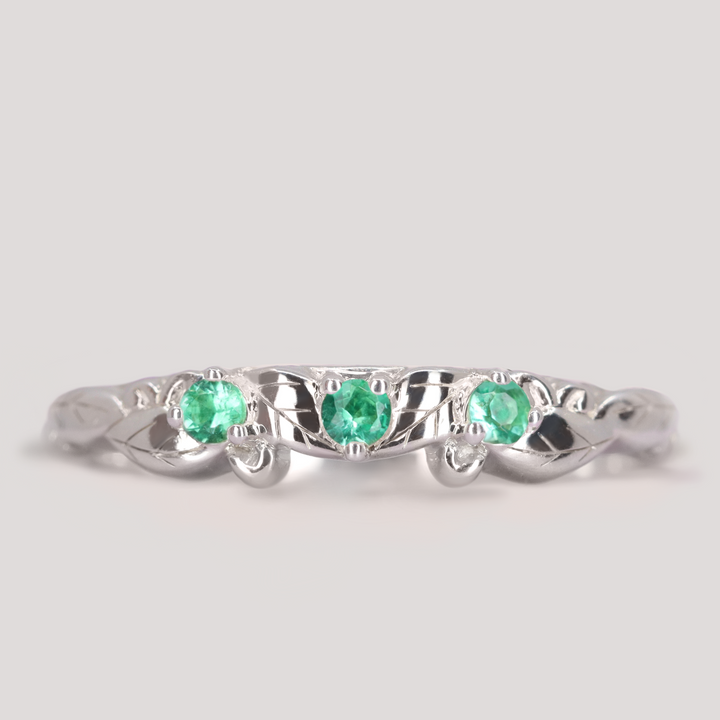 Willow - Leaf/Vine Detail Emerald Set Wedding Ring - Made-To-Order Wedding Rings - Made-to-Order