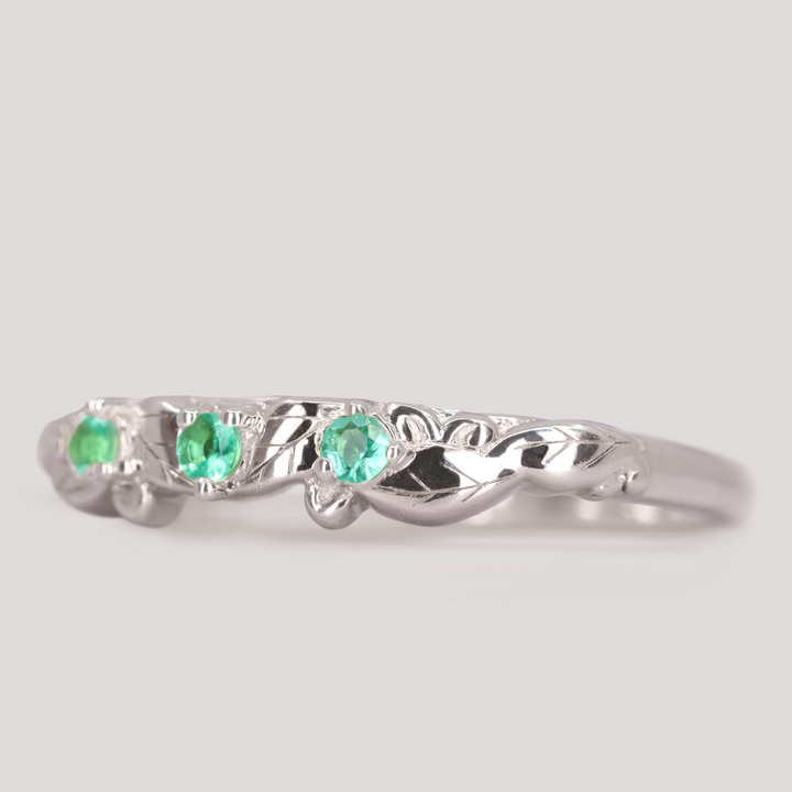 Willow - Leaf/Vine Detail Emerald Set Wedding Ring - Made-To-Order Wedding Rings - Made-to-Order