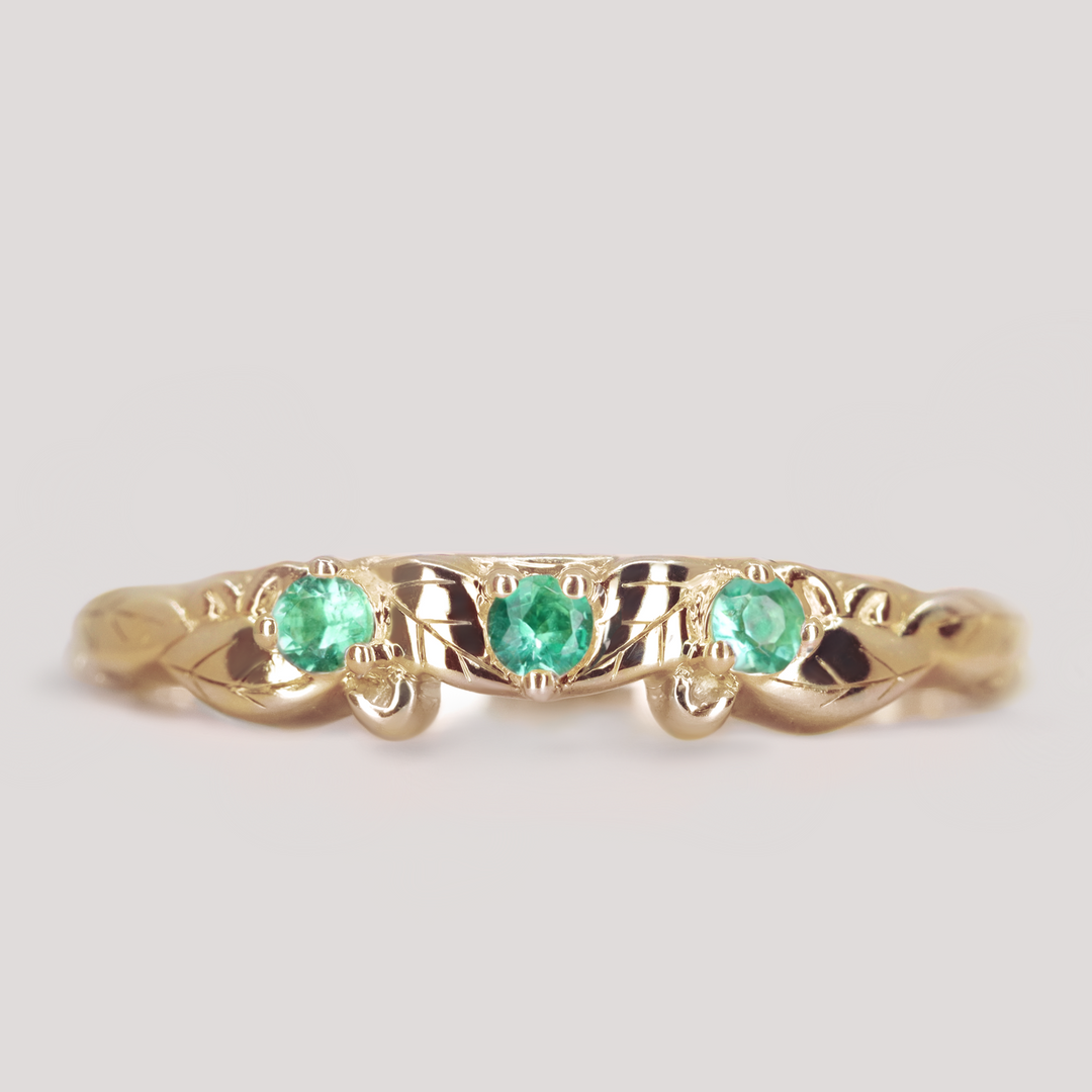 Willow - Leaf/Vine Detail Emerald Set Wedding Ring - Made-To-Order Wedding Rings - Made-to-Order