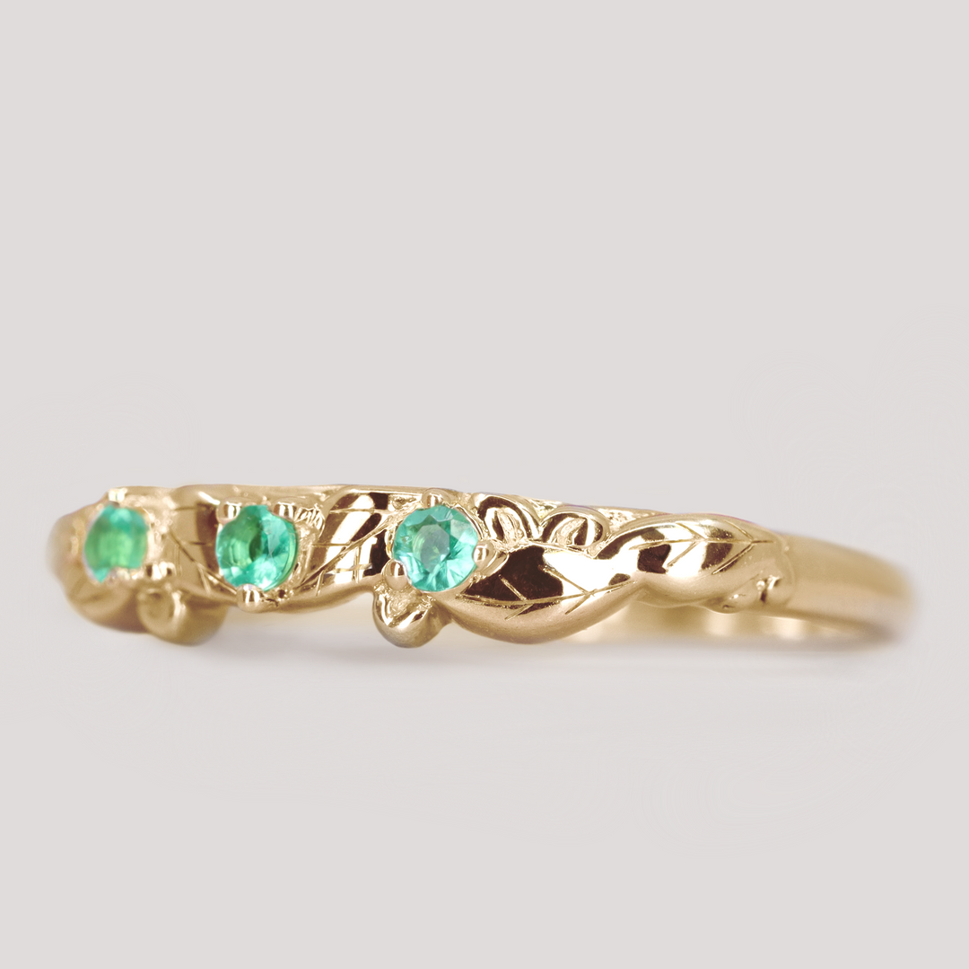 Willow - Leaf/Vine Detail Emerald Set Wedding Ring - Made-To-Order Wedding Rings - Made-to-Order
