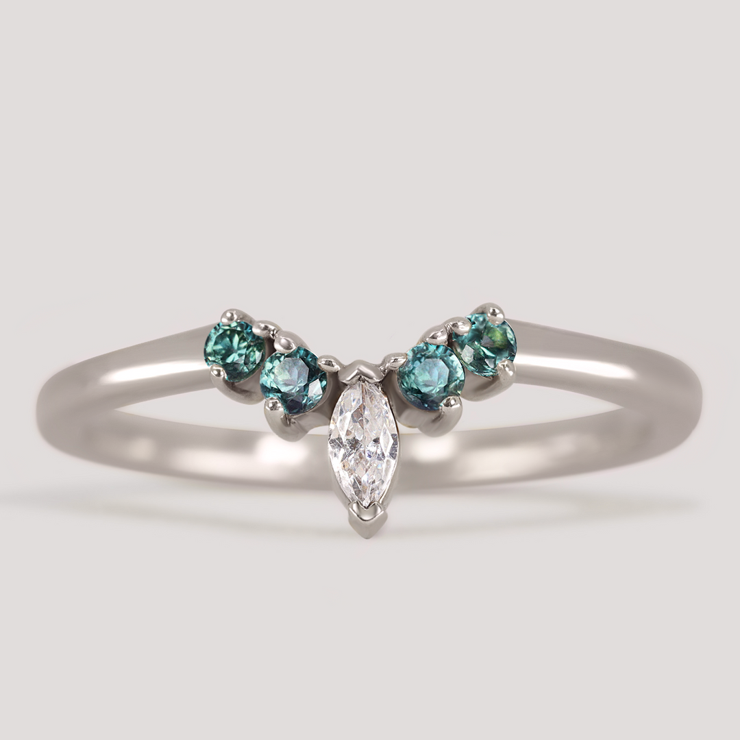 Winnie - Teal Sapphire and Marquise Lab Grown Diamond Petite Tiara Wedding Ring - Made-to-Order Wedding Rings - Made-to-Order