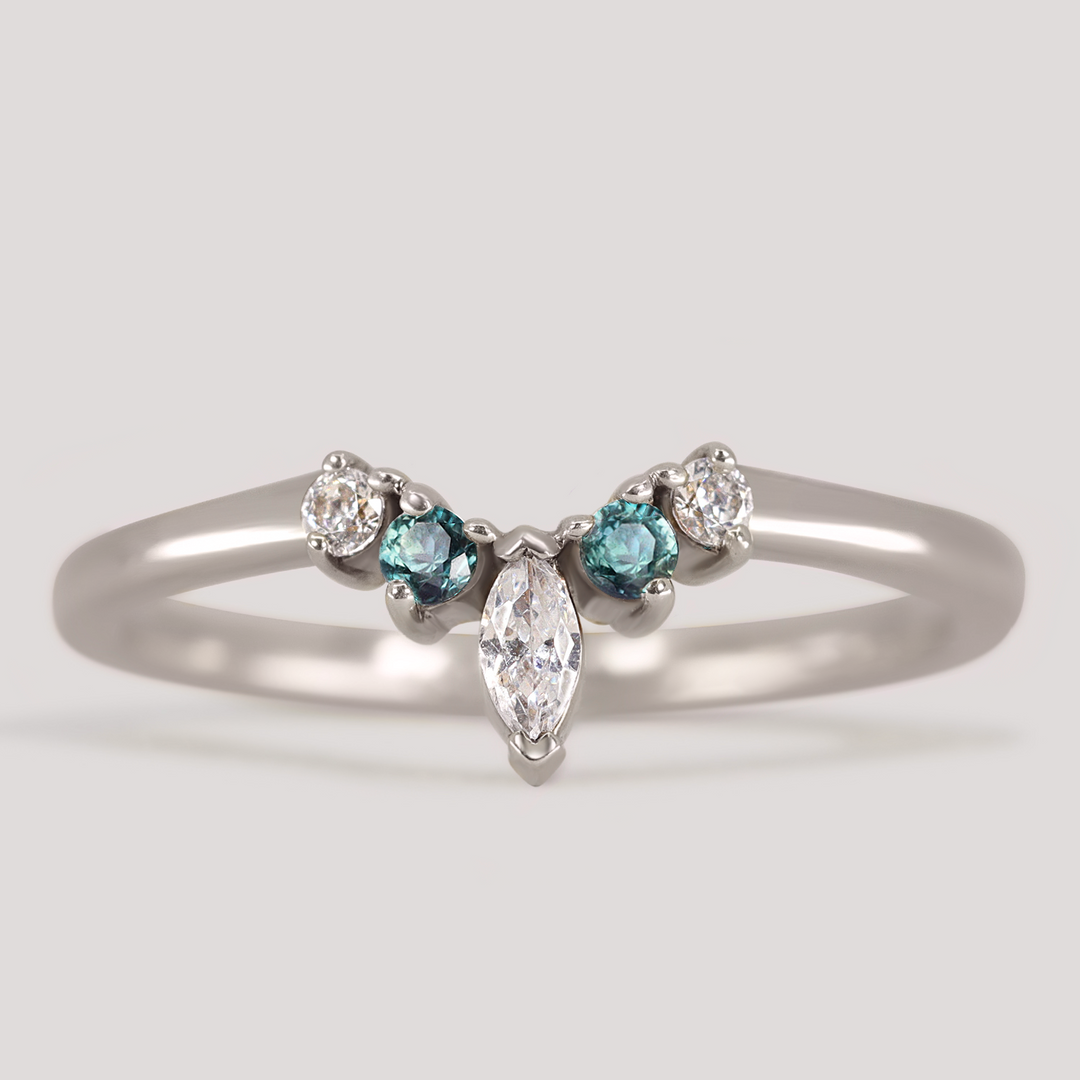 Winnie - Teal Sapphire and Marquise Lab Grown Diamond Petite Tiara Wedding Ring - Made-to-Order Wedding Rings - Made-to-Order