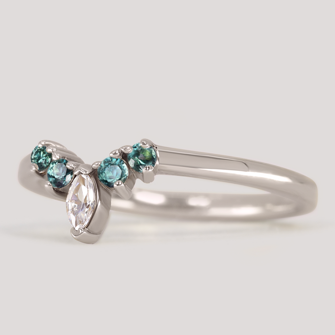 Winnie - Teal Sapphire and Marquise Lab Grown Diamond Petite Tiara Wedding Ring - Made-to-Order Wedding Rings - Made-to-Order