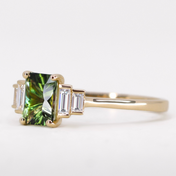 Bridal Set - Erin & Goldie - Optix Cut Green Tourmaline Art Deco Engagement Ring and Shaped Patterned Wedding Ring Bridal Sets