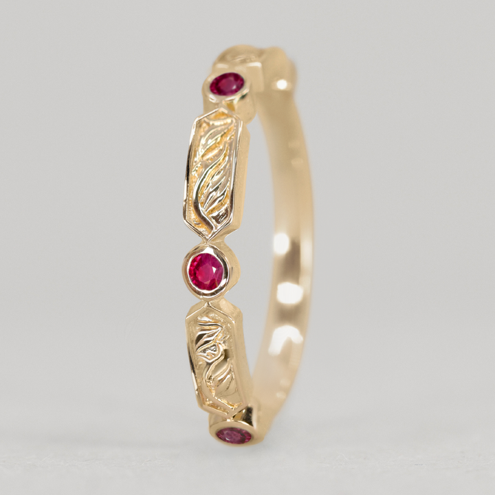 Fern - Floral Emerald, Ruby or Blue Sapphire Set Vine/Leaf Patterned Wedding Ring - Made-to-Order Wedding Rings - Made-to-Order