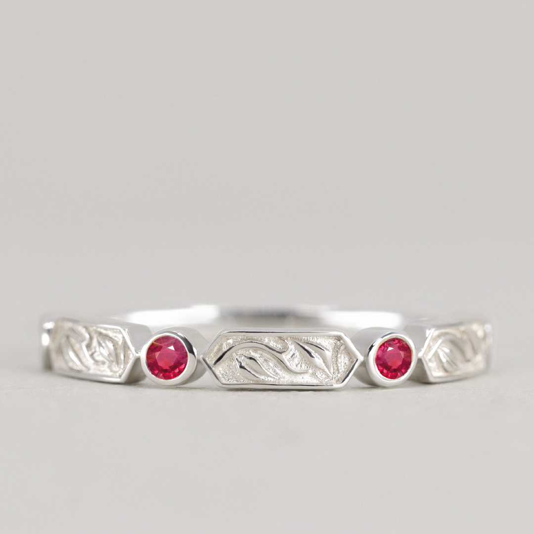 Fern - Floral Emerald, Ruby or Blue Sapphire Set Vine/Leaf Patterned Wedding Ring - Made-to-Order Wedding Rings - Made-to-Order