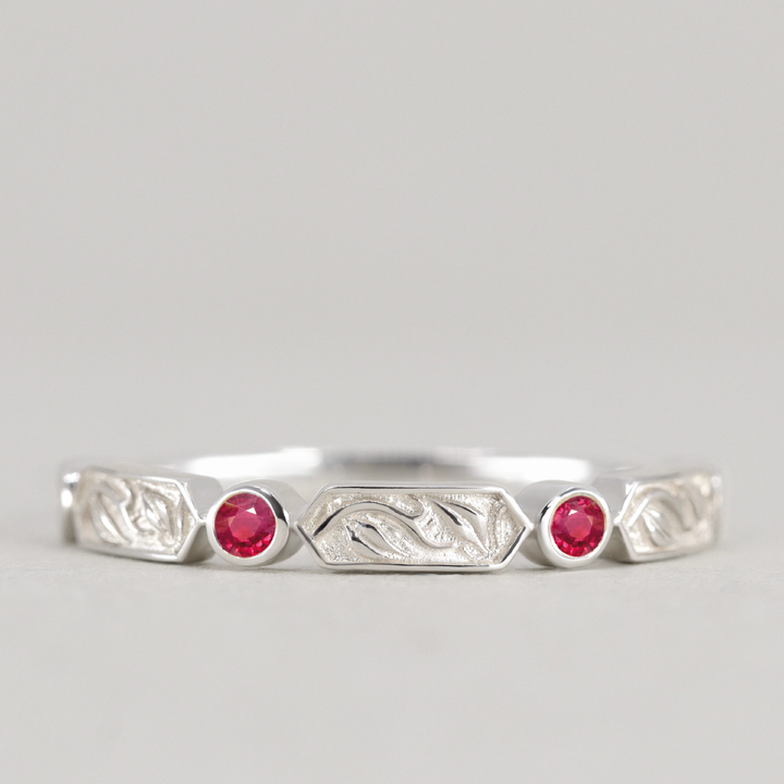 Fern - Floral Emerald, Ruby or Blue Sapphire Set Vine/Leaf Patterned Wedding Ring - Made-to-Order Wedding Rings - Made-to-Order
