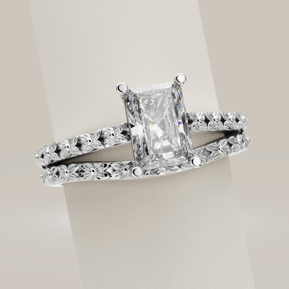 Bridal Set - Flora - Emerald or Radiant Cut Lab Grown Diamond Floral Patterned Engagement Ring and Waved Wedding Ring Bridal Sets