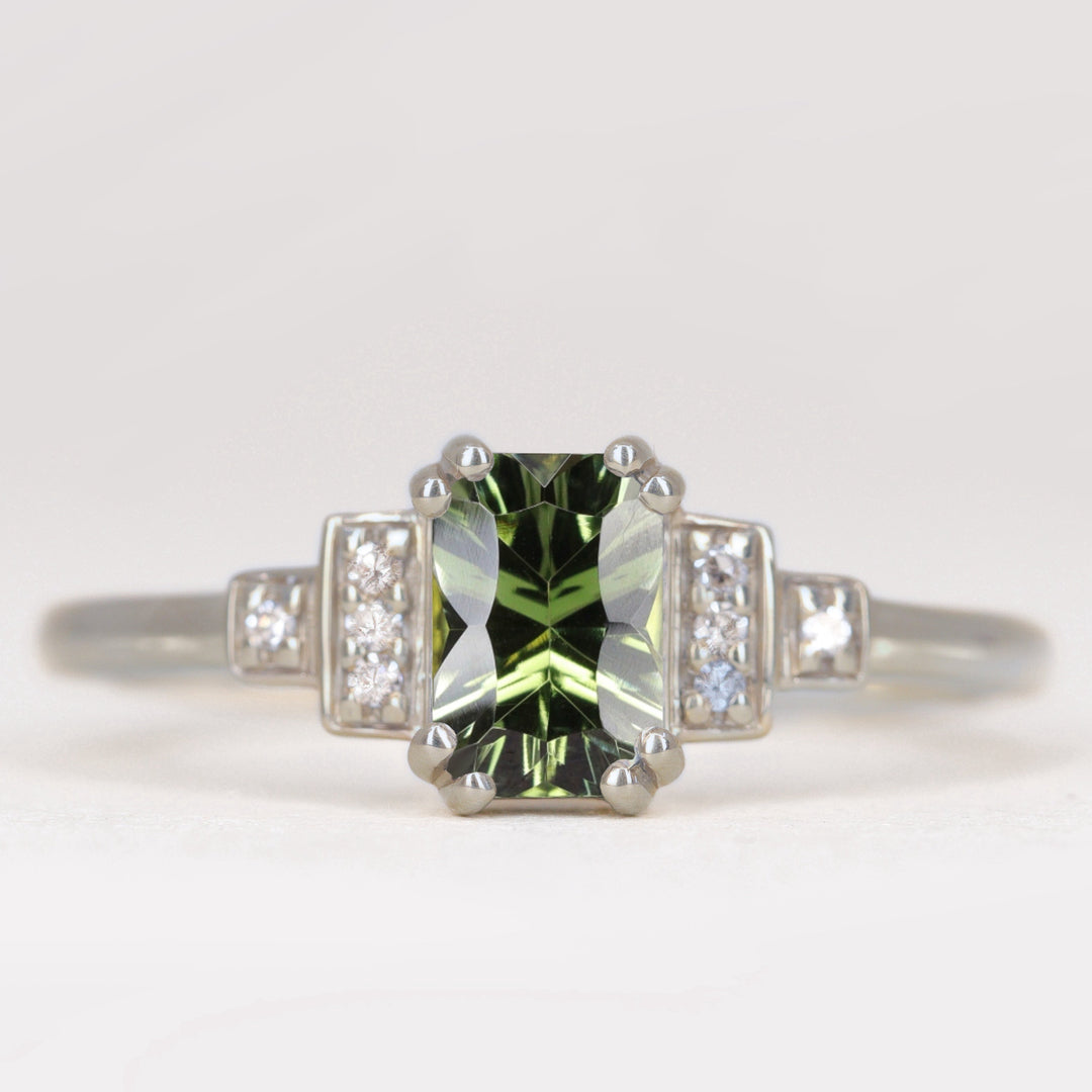 Grace - Optix or Emerald Cut Green Tourmaline Cluster Art Deco Engagement Ring Engagement Rings - Made-to-Order