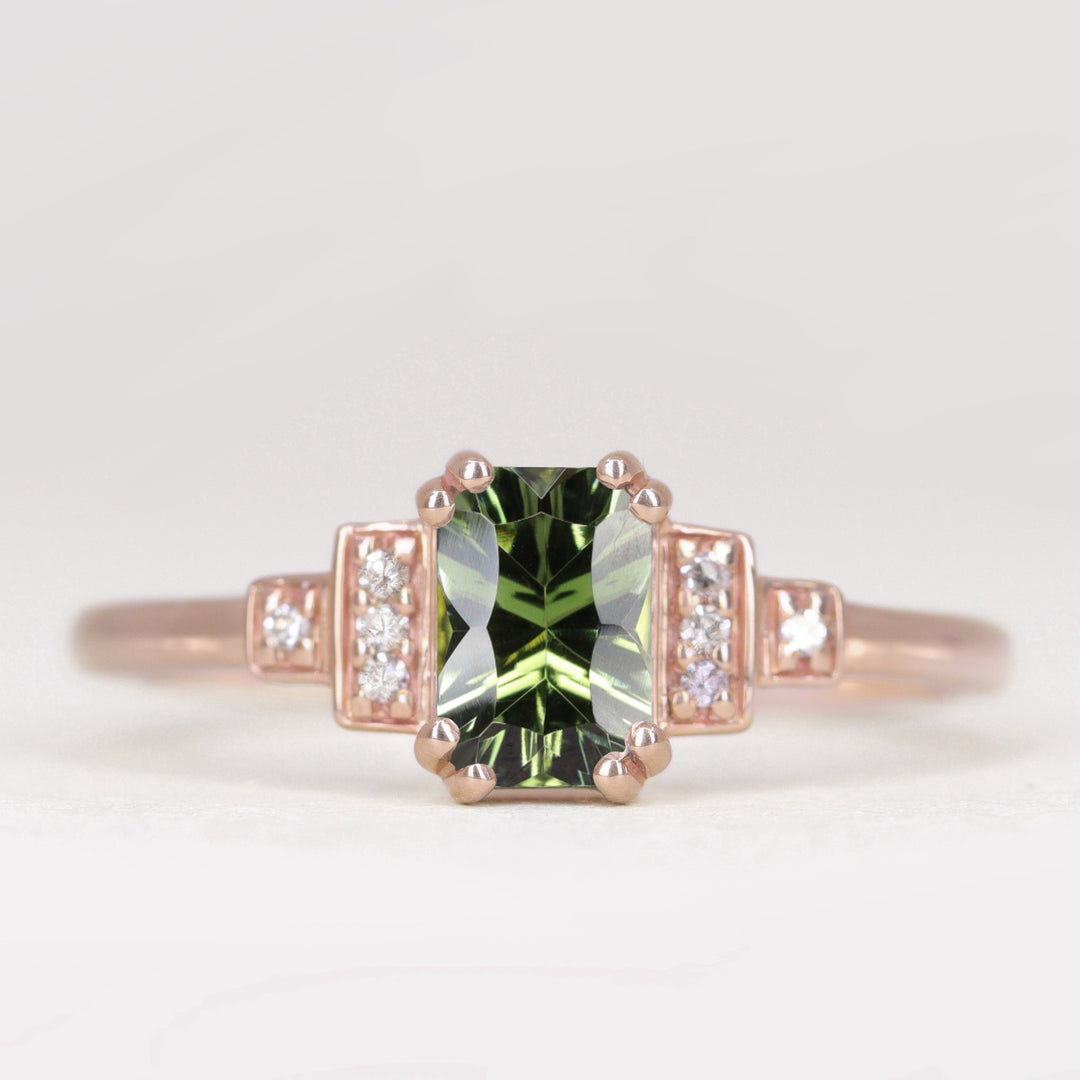 Grace - Optix or Emerald Cut Green Tourmaline Cluster Art Deco Engagement Ring Engagement Rings - Made-to-Order