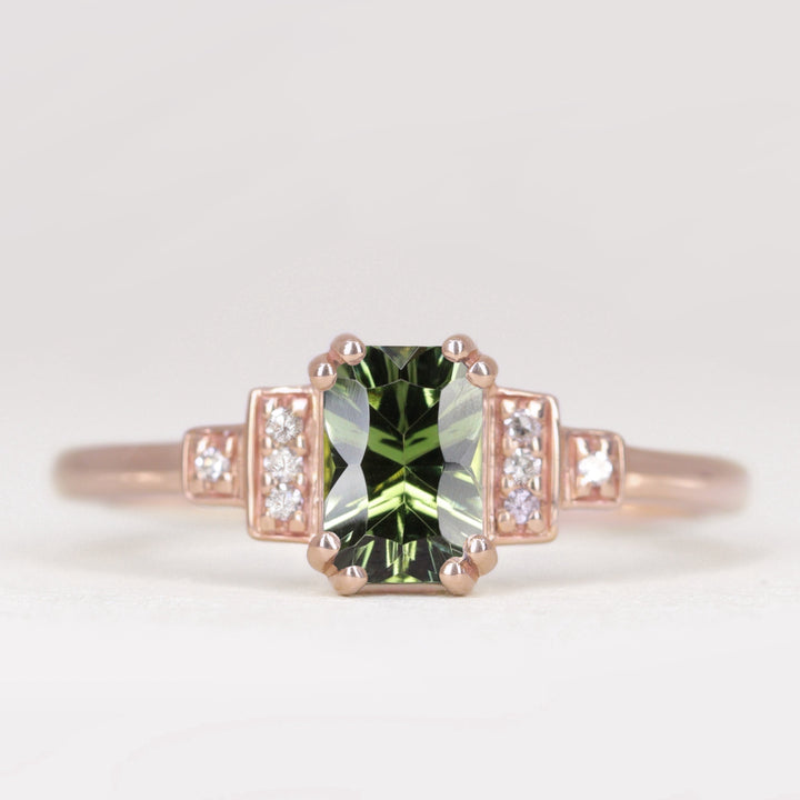 Grace - Optix or Emerald Cut Green Tourmaline Cluster Art Deco Engagement Ring Engagement Rings - Made-to-Order