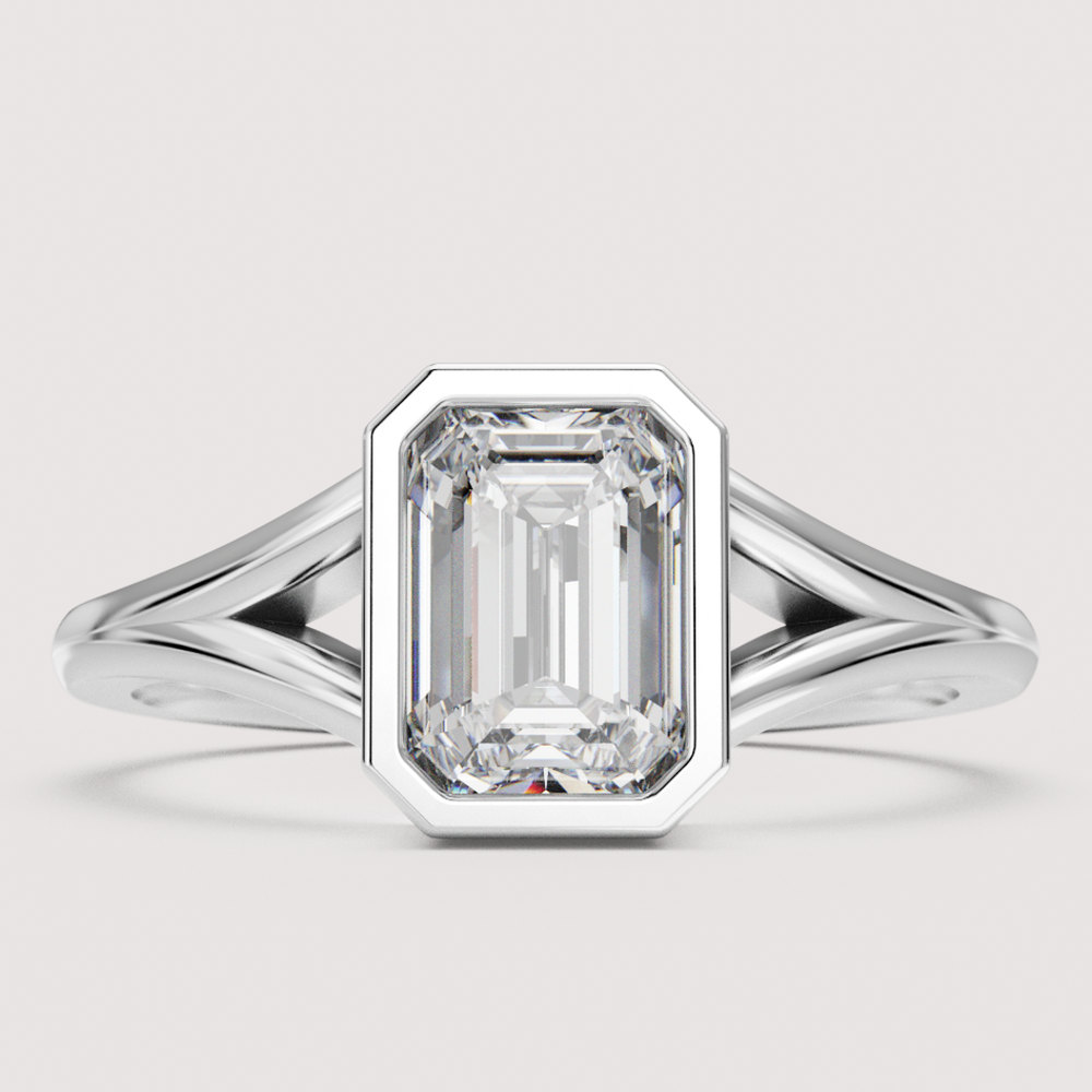 Natasha - Emerald Cut Bezel Set Split Shank Solitaire Engagement Ring Setting
