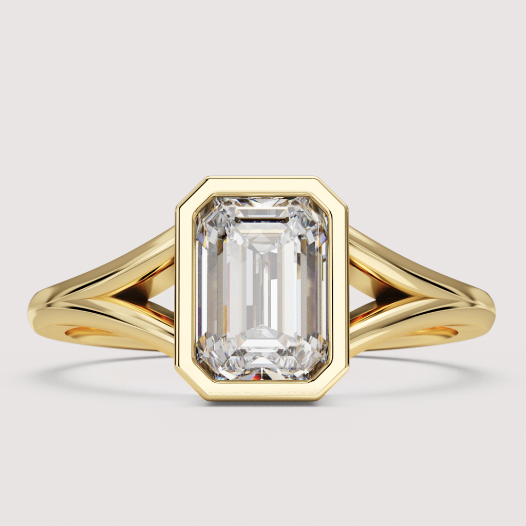 Natasha Emerald Cut Bezel Set Split Shank Solitaire Engagement