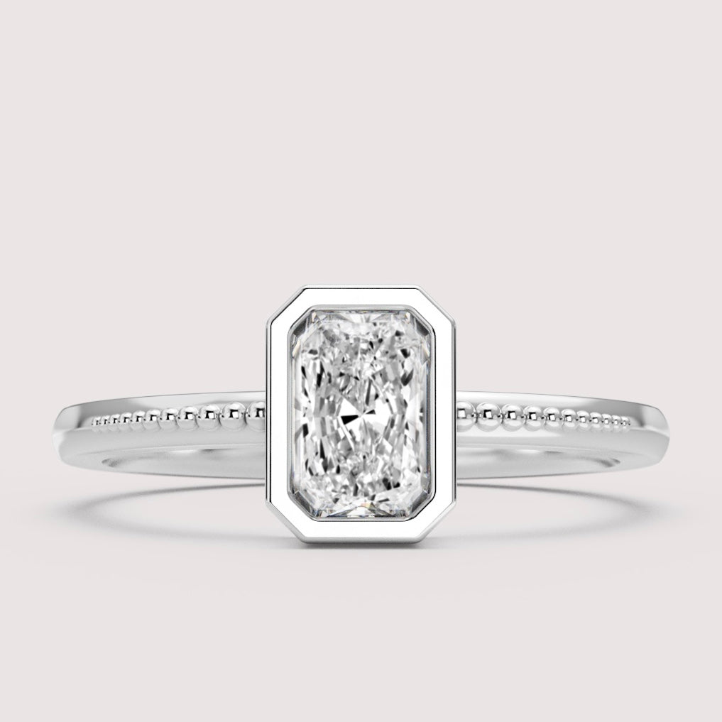 Nina - Radiant Cut Bezel Set Beaded Solitaire Engagement Ring Setting
