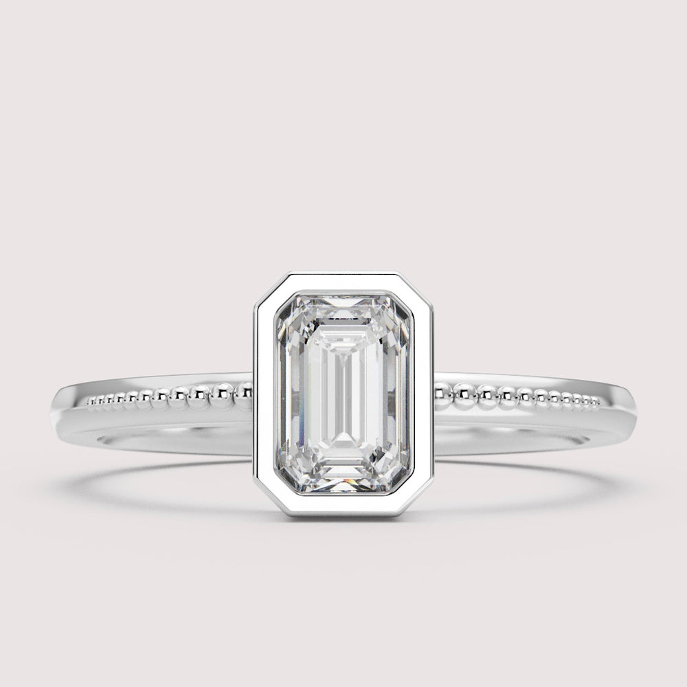 Nina - Emerald Cut Bezel Set Beaded Solitaire Engagement Ring Setting