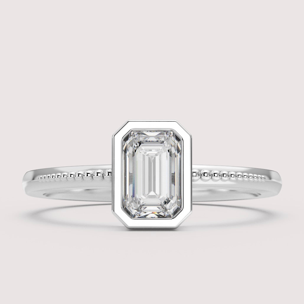 Nina - Emerald Cut Bezel Set Beaded Solitaire Engagement Ring Setting