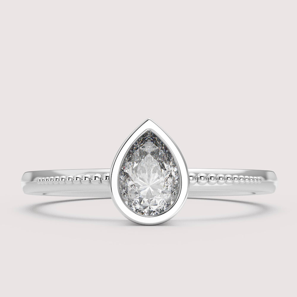 Nina - Pear Cut Bezel Set Beaded Solitaire Engagement Ring Setting