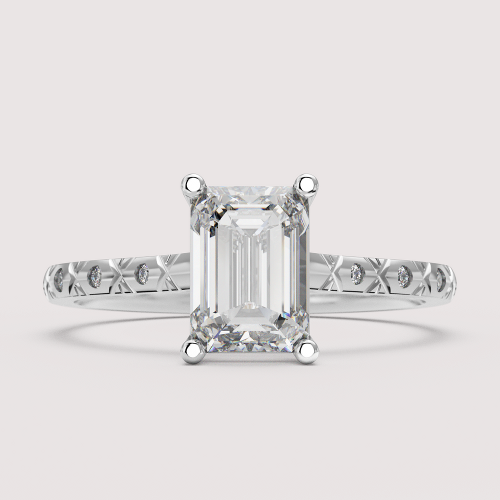 Penelope - Emerald Cut Patterned Band Solitaire Engagement Ring Setting