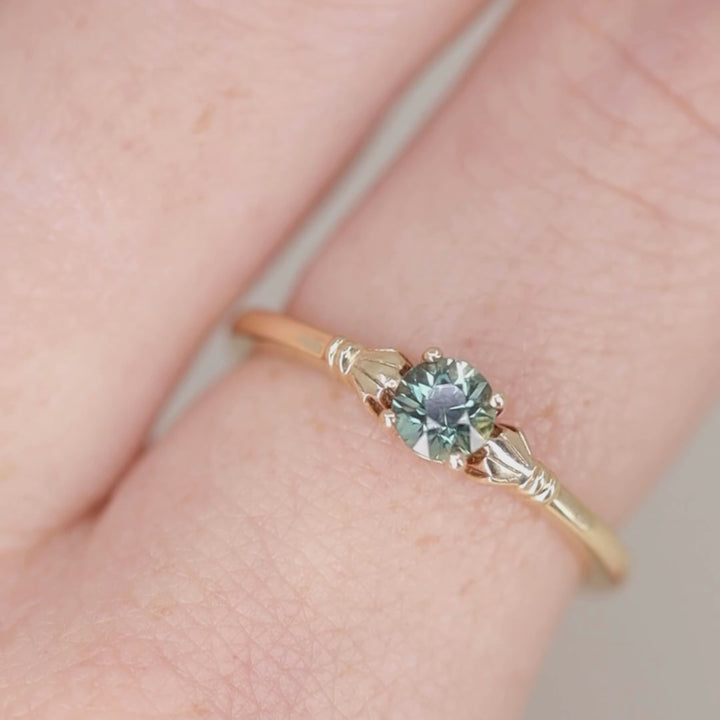 Tilly - Round Blue Teal Sapphire Art Deco Fan Detail Solitaire Engagement Ring Engagement Rings - Price On Application