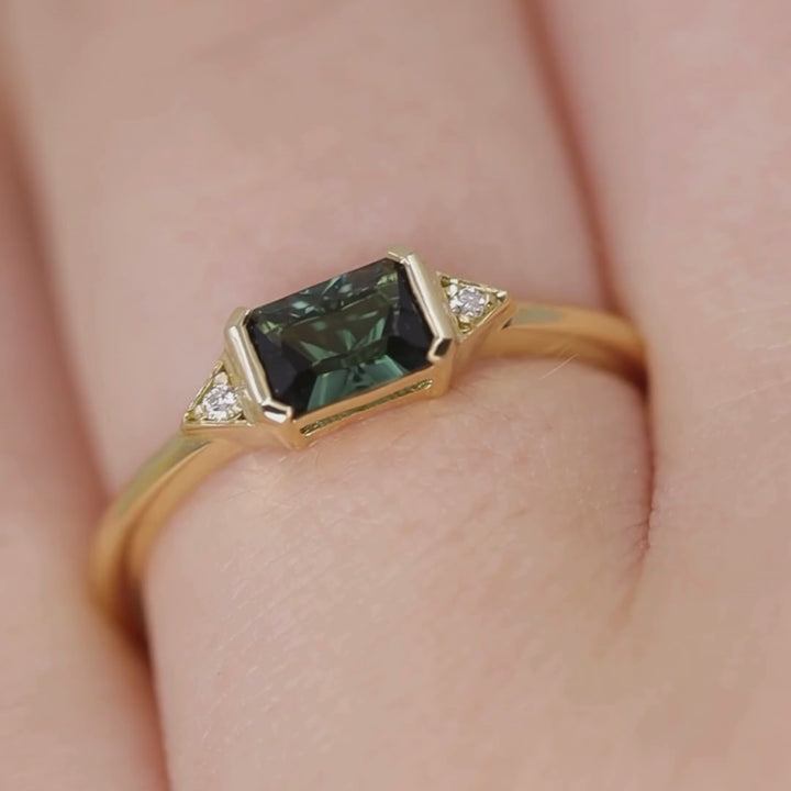 Hattie - Optix Emerald Cut Green Tourmaline East-West Art Deco Trilogy Engagement Ring Engagement Rings - Made-to-Order