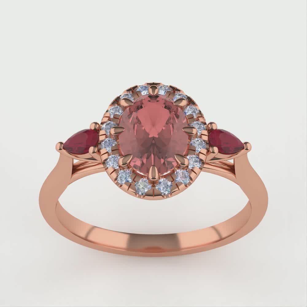 Georgina - Oval Cut Morganite, Ruby and Diamond Trilogy Halo Engagement Ring Engagement Rings - Made-to-Order