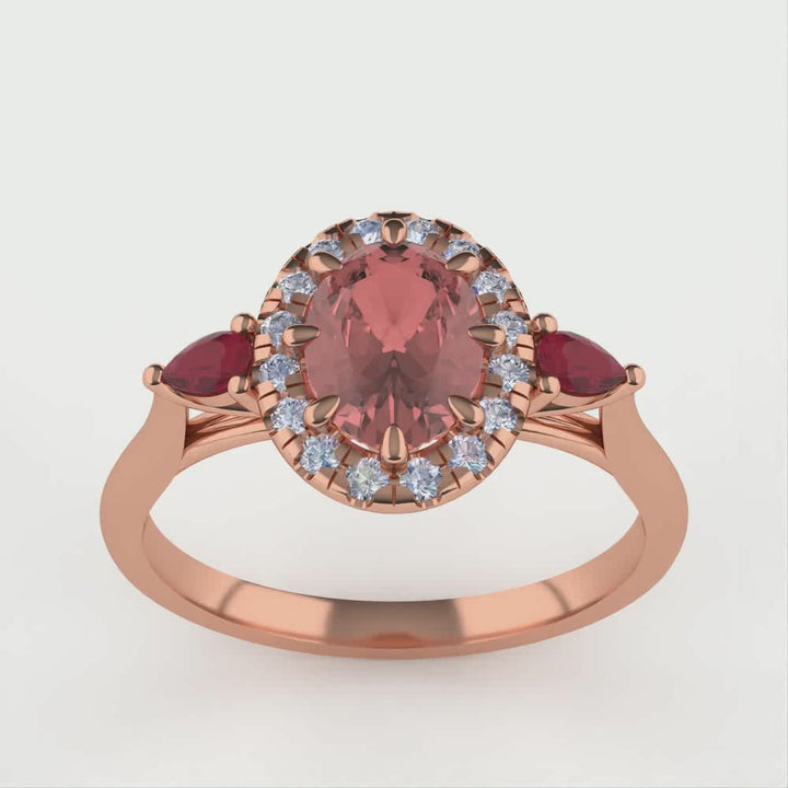 Georgina - Oval Cut Morganite, Ruby and Diamond Trilogy Halo Engagement Ring Engagement Rings - Made-to-Order