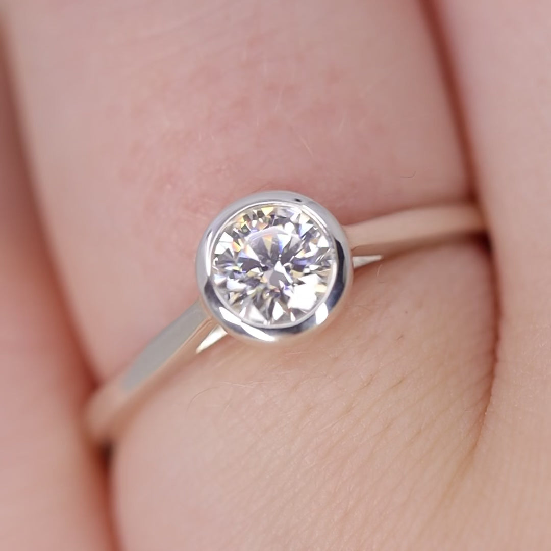 Bridal Set - Sabrina, Flora & Peggy - Round Bezel Set Lab Grown Diamond Solitaire Engagement Ring and Floral or Polished Wedding Ring Bridal Sets