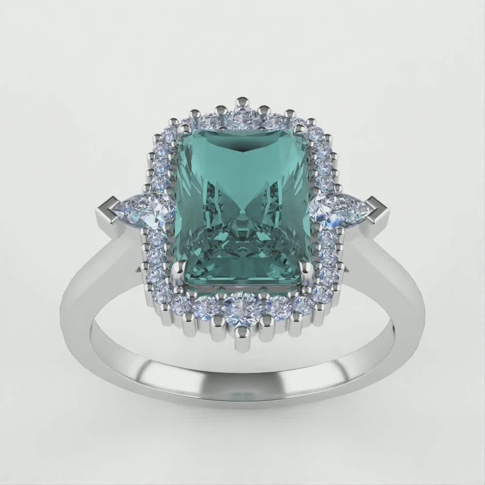 Cordelia - Emerald Cut Teal Moissanite Halo Engagement Ring Engagement Rings - Made-to-Order