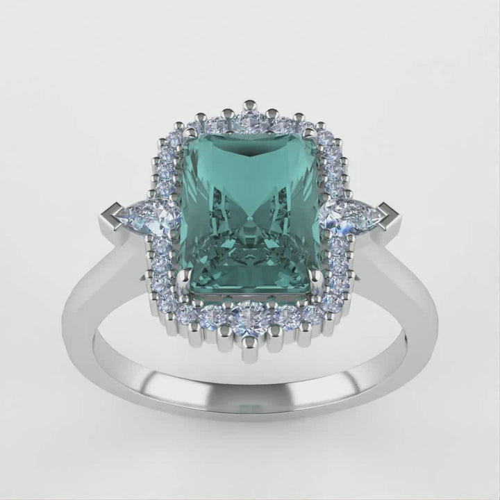 Cordelia - Emerald Cut Teal Moissanite Halo Engagement Ring Engagement Rings - Made-to-Order