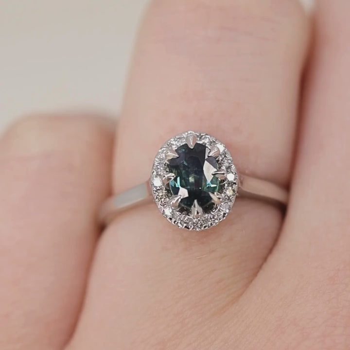 Charlotte - Teal Sapphire Halo Ring - Ready-to-Wear Engagement Rings - Ready-to-Ship