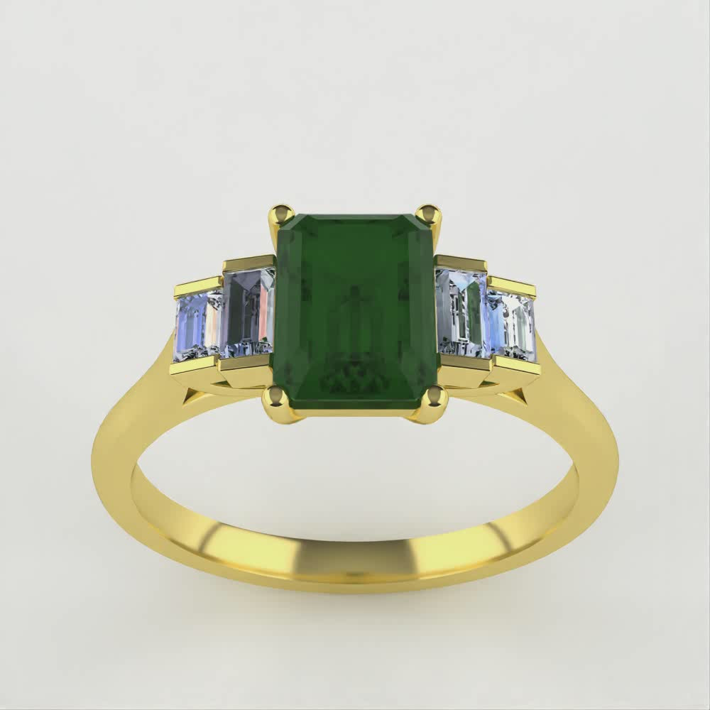 Bridal Set - Erin & Goldie - Optix Cut Green Tourmaline Art Deco Engagement Ring and Shaped Patterned Wedding Ring Bridal Sets