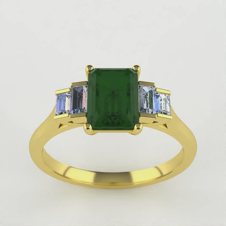 Bridal Set - Erin & Goldie - Optix Cut Green Tourmaline Art Deco Engagement Ring and Shaped Patterned Wedding Ring Bridal Sets