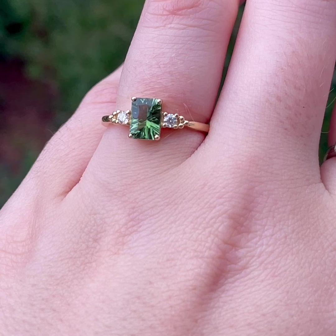 Natalia - Octagon Cut Optix Green Tourmaline and Diamond Trilogy Engagement Ring Engagement Rings - Made-to-Order