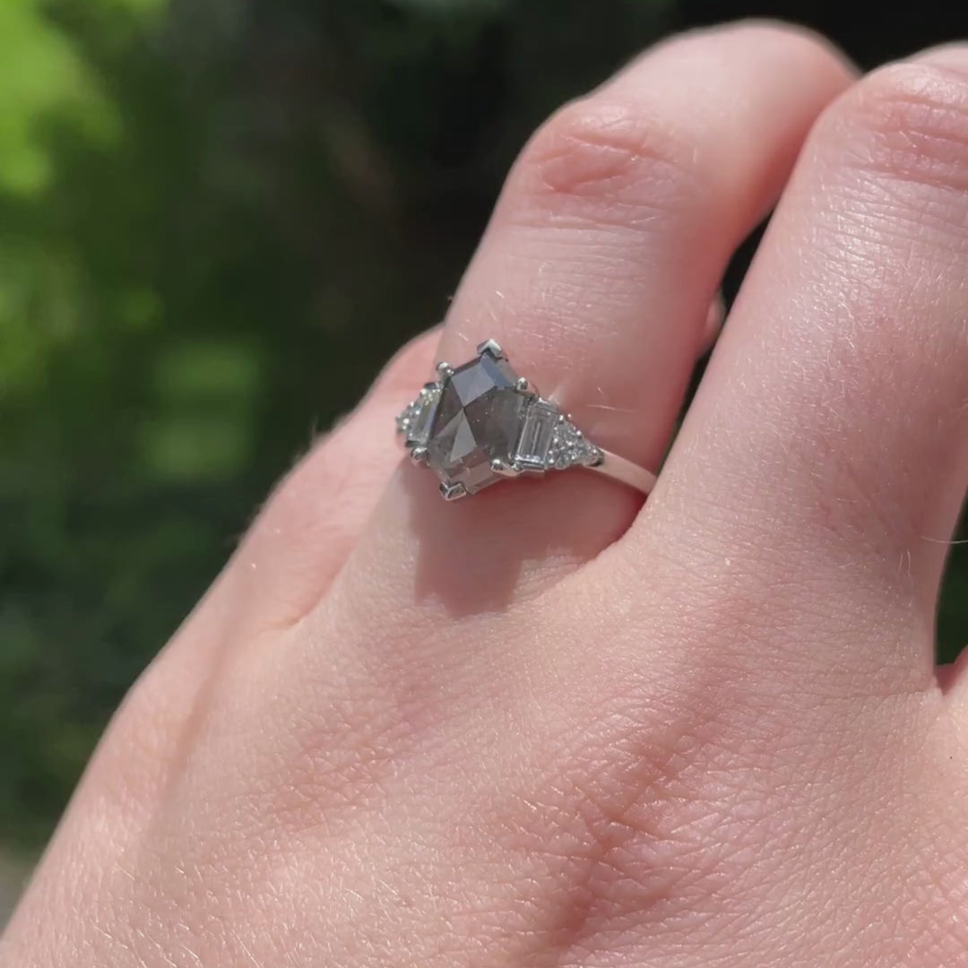 Arden - Elongated Hexagon Salt and Pepper Diamond Art Deco Engagement Ring Engagement Rings - Price On Application