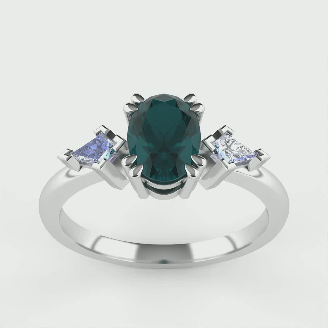 Dahlia - Oval Cut Teal Sapphire Trilogy Engagement Ring Engagement Rings - Made-to-Order